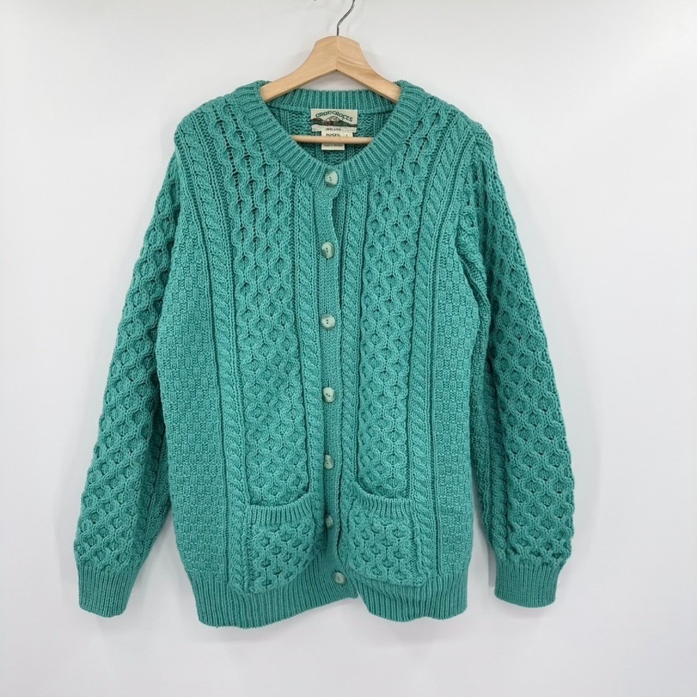 Aran Crafts Ireland Cardigan 100% Merino Wool Cable Knit Green Womens L